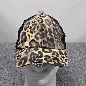 CC Leopard Criss Cross Ponytail Hat Distressed Trucker Adjustable Cheetah Print‎